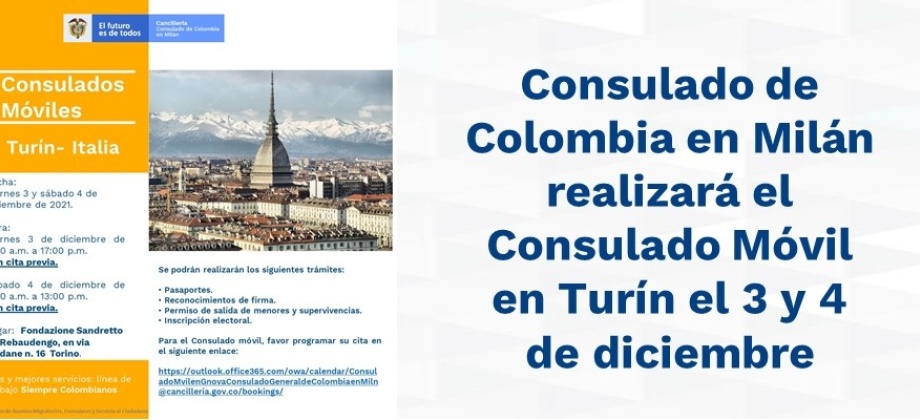 Consulado de Colombia en Milán realizará el Consulado Móvil en Turín el 3 y 4 de diciembre