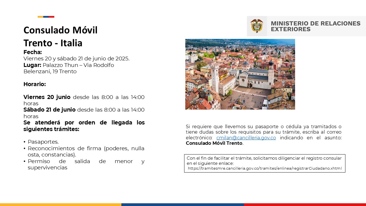 Consulado Móvil en Trento – Italia se realizará el viernes 20 y sábado 21 de junio de 2025