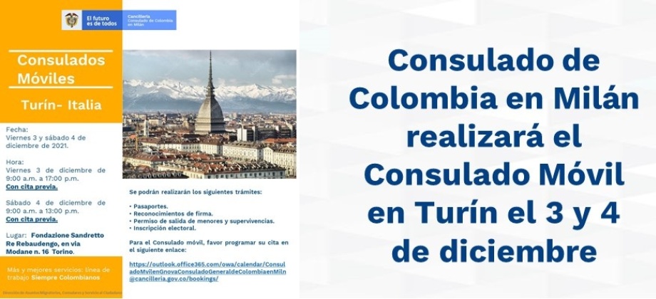Consulado de Colombia en Milán realizará el Consulado Móvil en Turín el 3 y 4 de diciembre