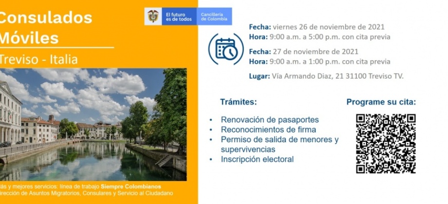 Consulado de Colombia en Milán realizará un Consulado Móvil en Treviso, los días 26 y 27 de noviembre de 2021