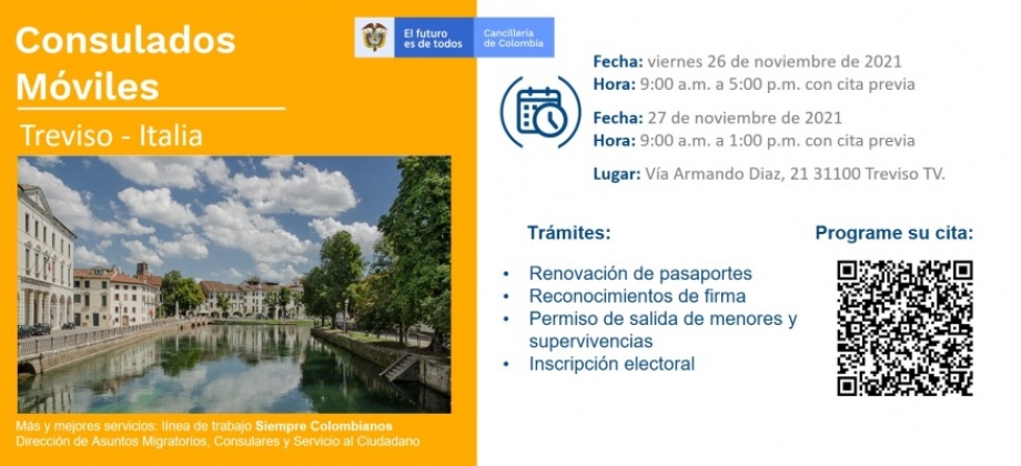 Consulado de Colombia en Milán realizará un Consulado Móvil en Treviso, los días 26 y 27 de noviembre de 2021